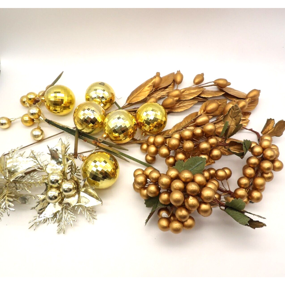 Lot Vintage Gold & Silver Floral Picks Faux Berries Plastic Fruit Holiday Decor